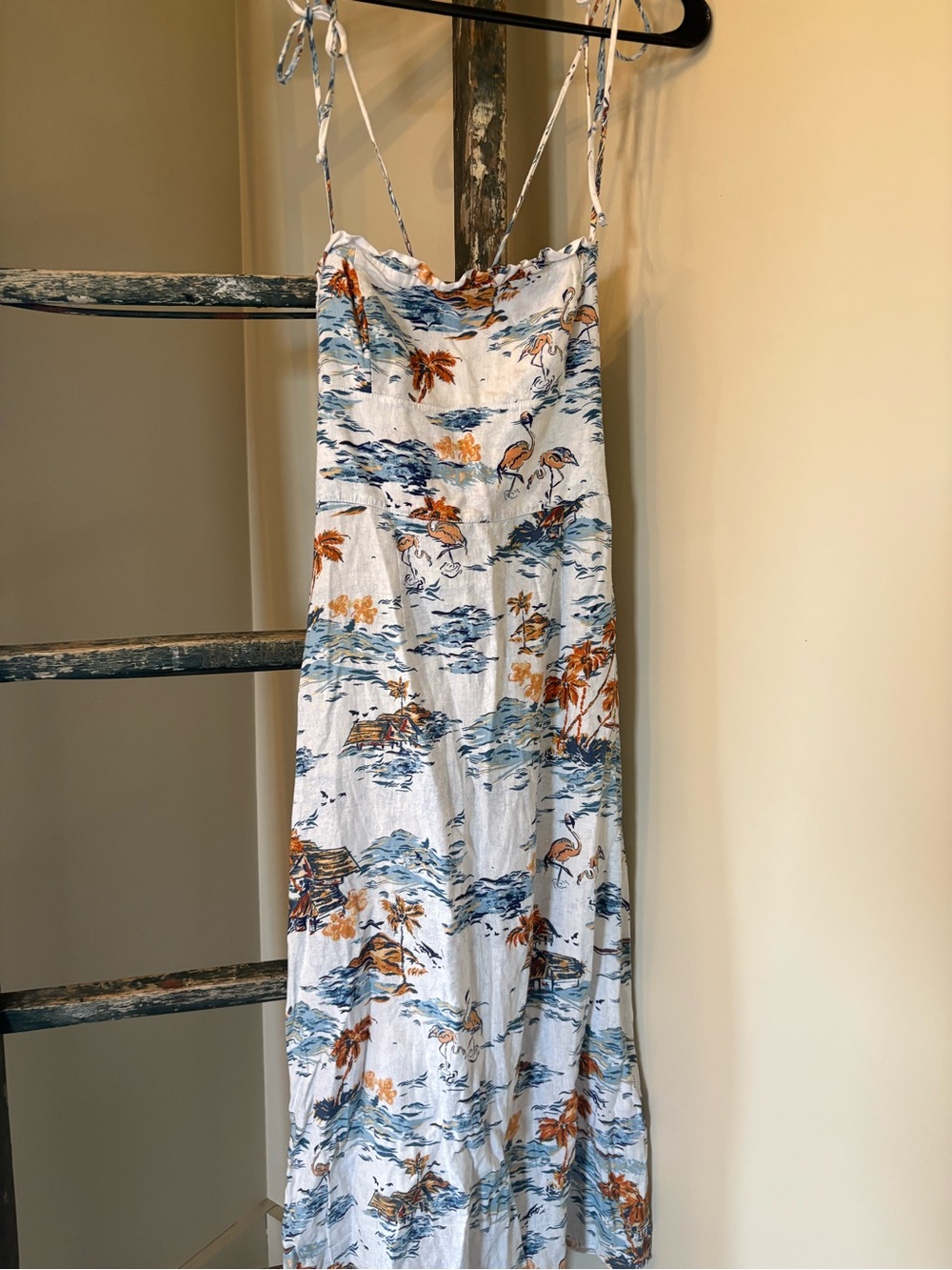 Free People White Maxi Dress with Blue & Rust Print